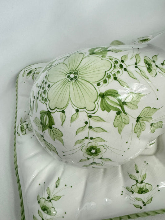 Large Italian Ceramic Green and White Hand Painted Cat | Vintage