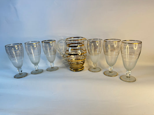 Charles Ware Gold Hand Decorated Glass Pitcher and 6 Stemmed Tumblers with Frosted Glass and Gold Rim | Vintage Retro Barware Cocktails |
