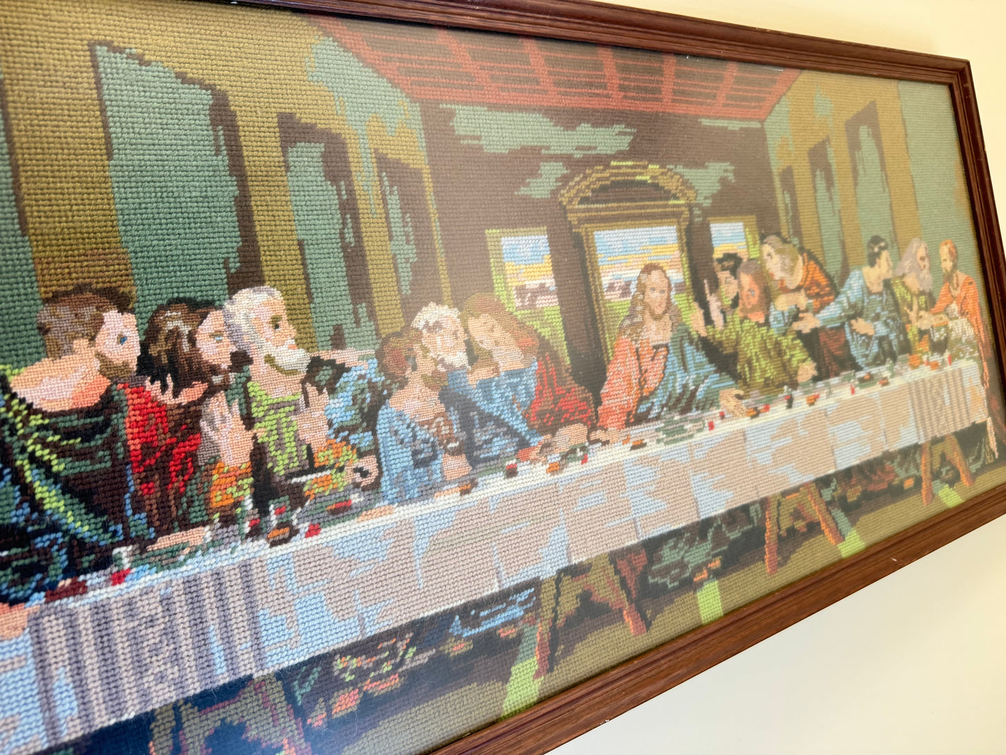 The Last Supper Framed Needlepoint | Leonardo Da Vinci | Handcrafted Folk Art | Vintage Retro | Religious Holy Jesus |