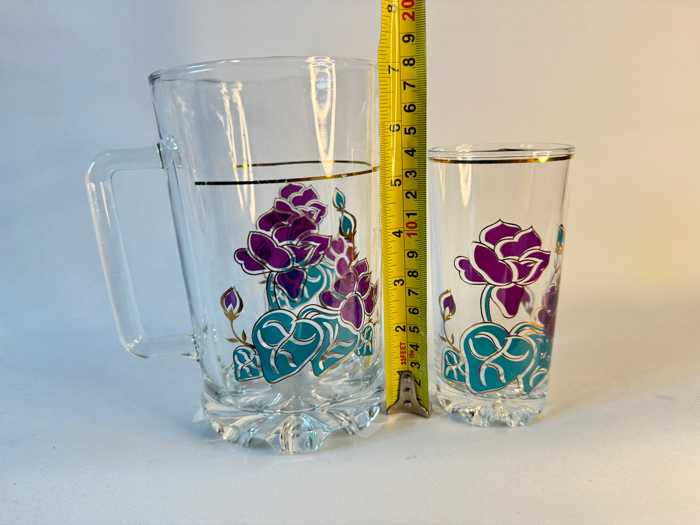 Italian Glass Pitcher and 6 Tumblers with Floral Pattern | Vintage Retro Barware | Prop Set Dressing