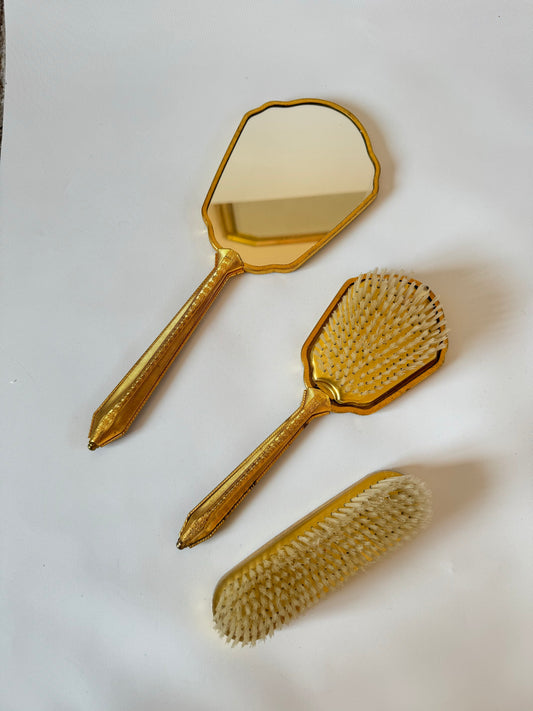 Victorian Style Travel Vanity Set | Hand Mirror, Hair Brush & Clothes Brush | Vintage Antique | Gold with Floral Embroidery | Prop Set Dressing |