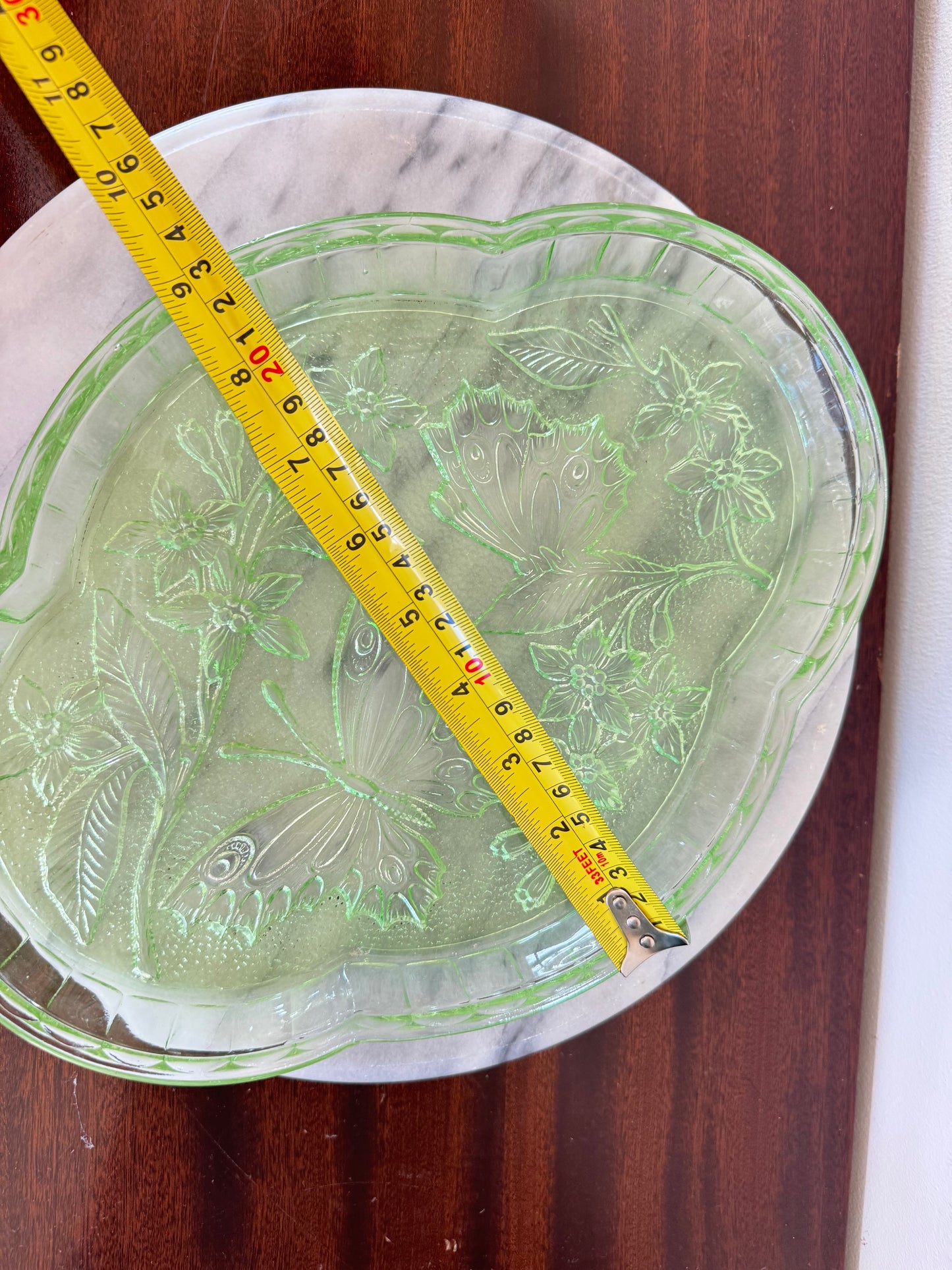 Sowerby 1930’s Green Cut Glass Vanity Tray | Butterfly Floral Pattern | Dressing Table | Retro Unique |
