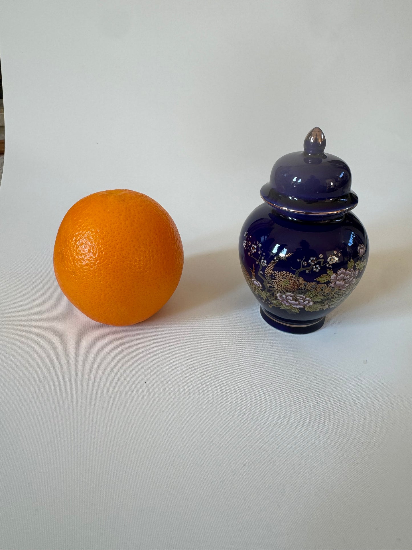 Miniature Japanese Ginger Jar Deep Blue with Gold Trim and Floral Detail Vintage