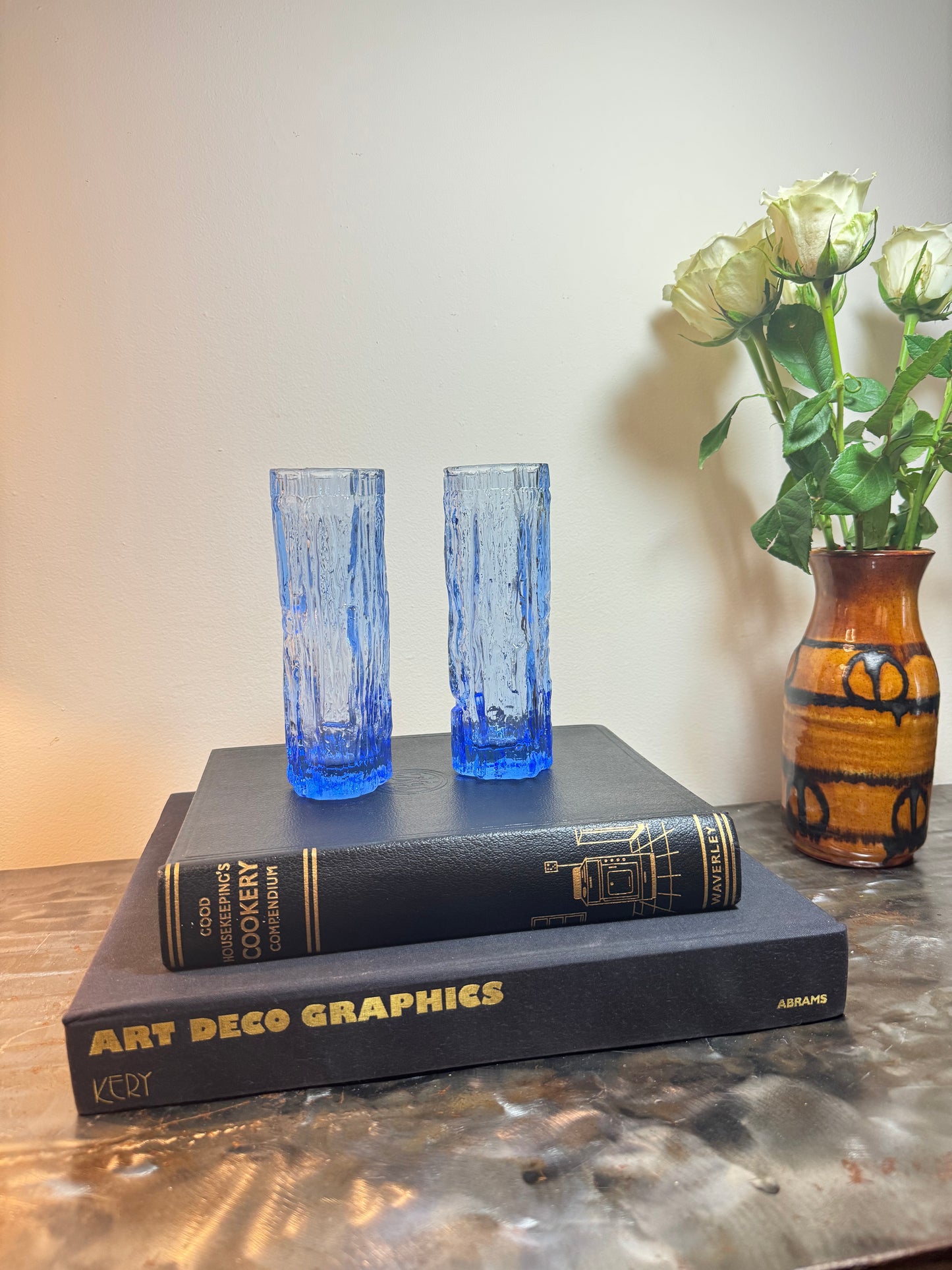 Ravenhead Vintage Blue Vases | Art Glass | Ravenhead Bark Textured Glass | Retro Mid Century | 70s | Pair |
