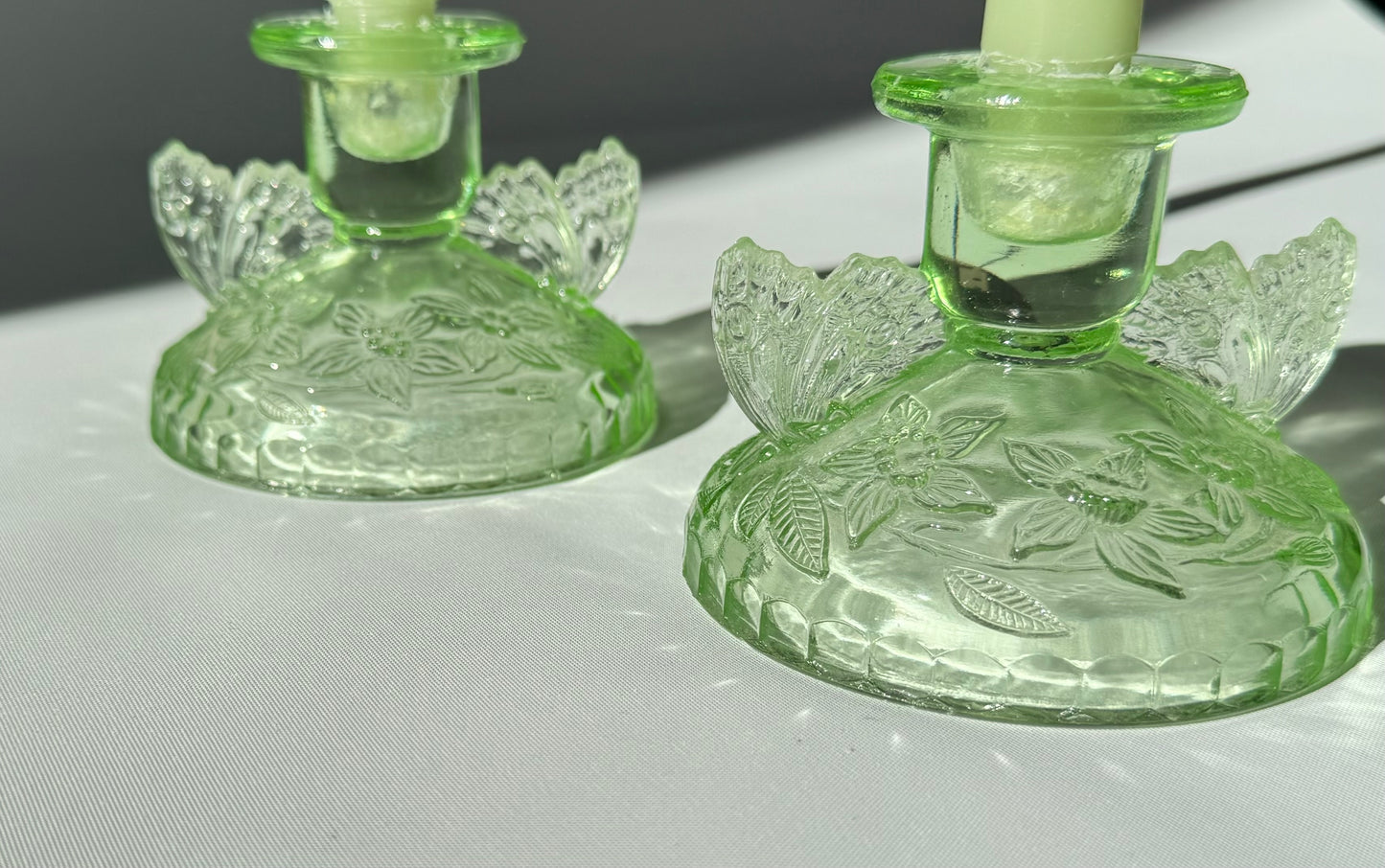 Sowerby 1930’s Green Cut Glass Art Deco Butterfly Candlestick Holders | Set of 2 | Vintage Retro | Angel Wings |