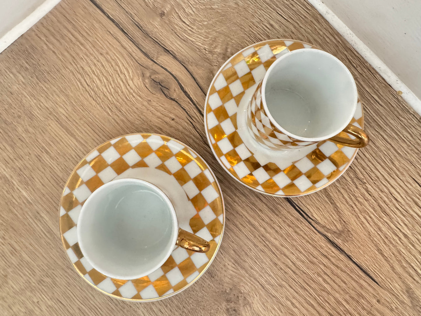 Pair of Gold and White Checkered Espresso Cups & Saucers | Coffee | Vintage Retro |