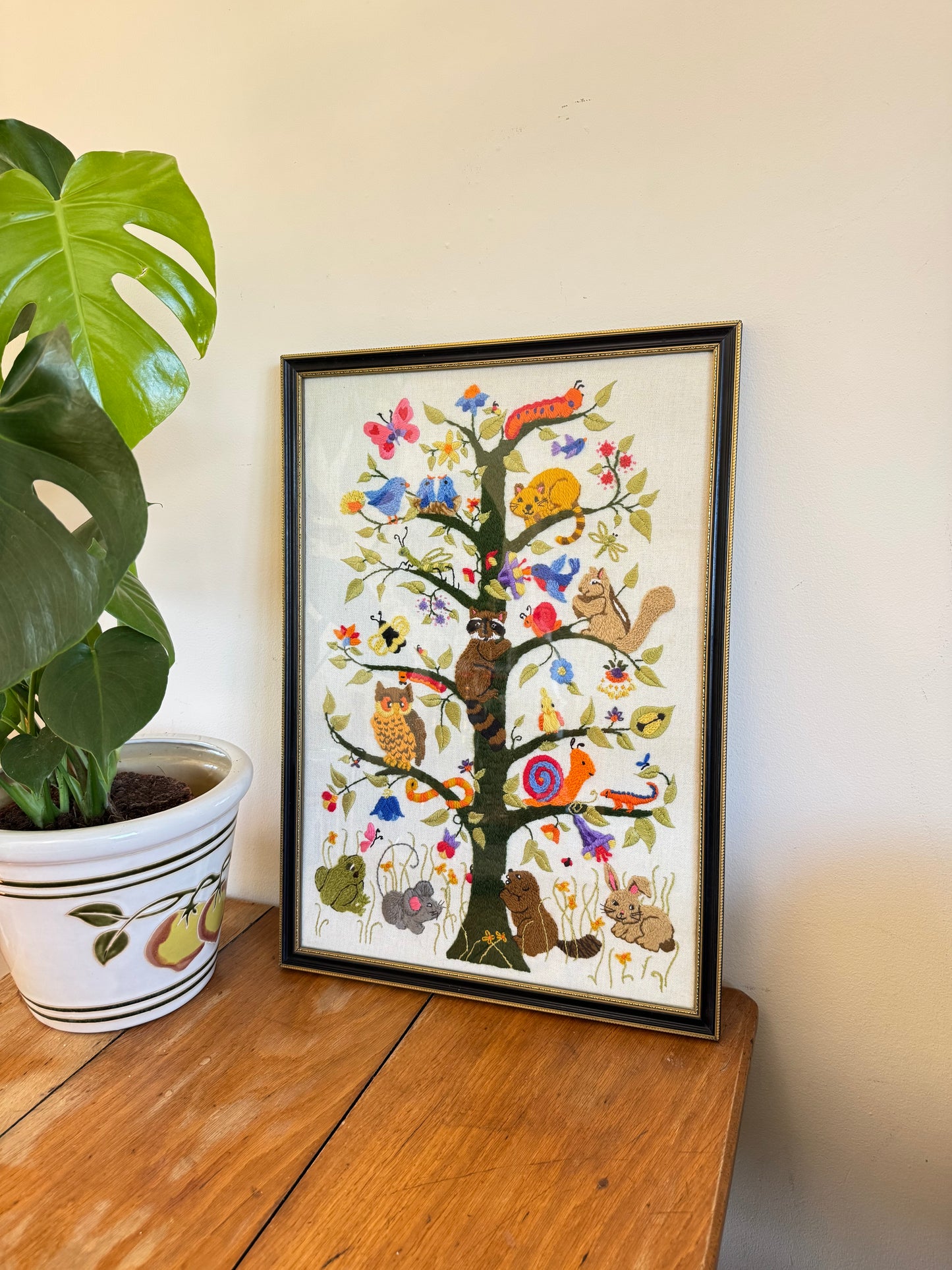 Vintage Dimensions Tree of Life Crewel by Ellen Silver 1981 | Completed Framed | Animals and Tree | Retro | Folk Art | Quirky Unique Kitsch |