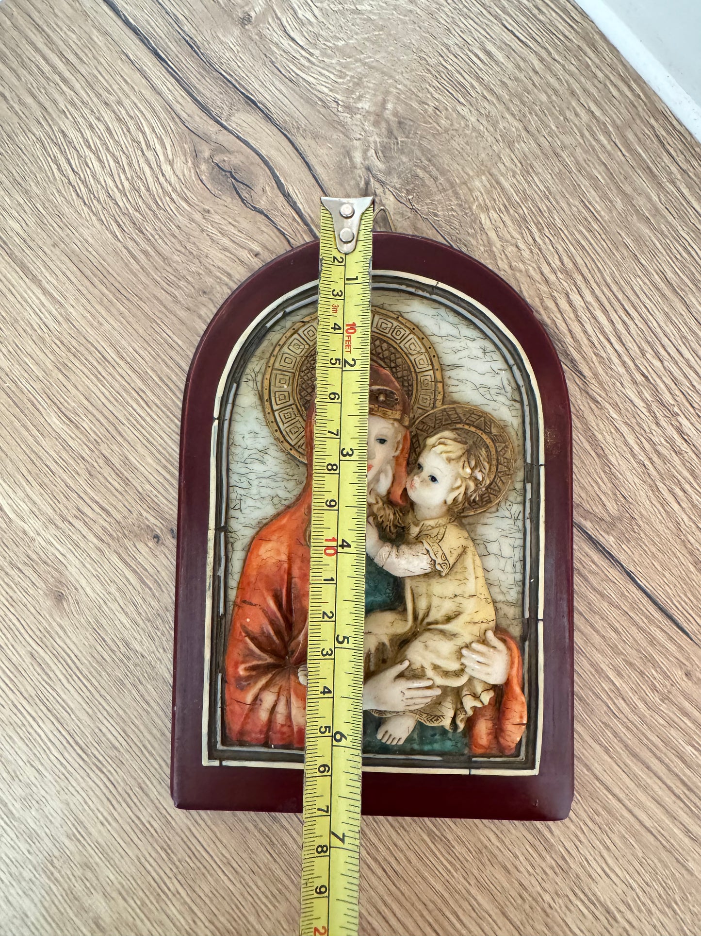 Ceramic Religious Wall Hanging of Mary and Baby Jesus on Wooden Plaque | Madonna & Child Plaque | Vintage Holy Icon |