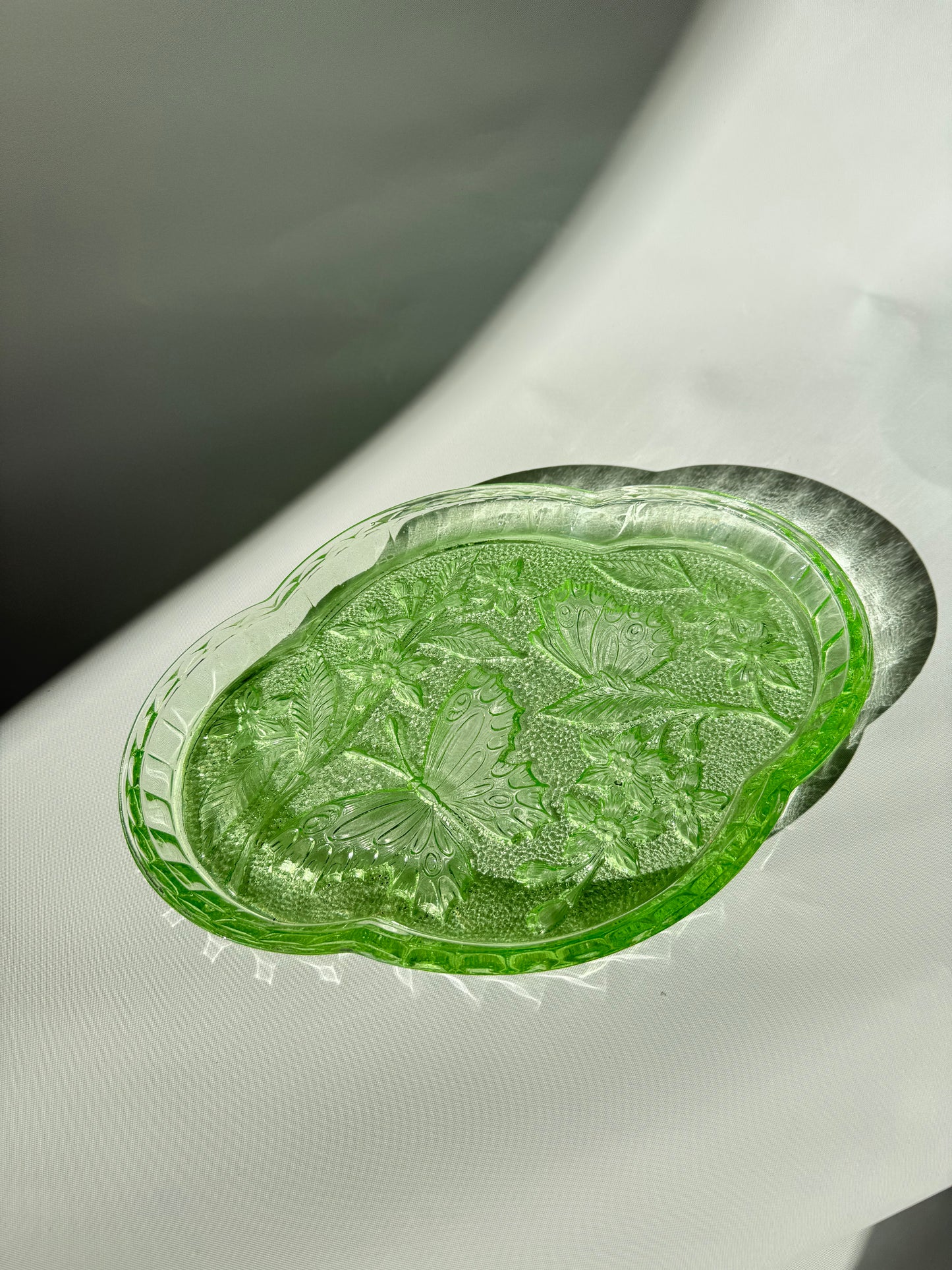 Sowerby 1930’s Green Cut Glass Vanity Tray | Butterfly Floral Pattern | Dressing Table | Retro Unique |