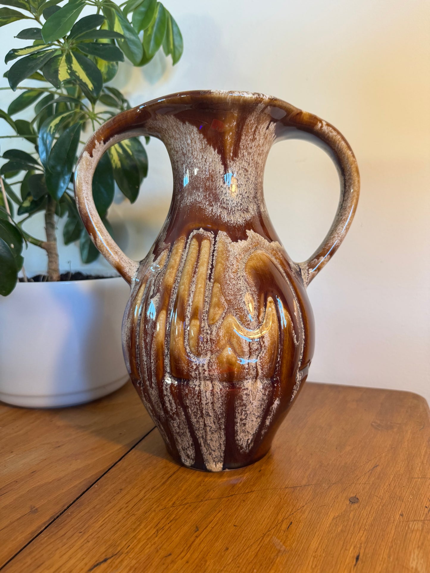 Large Ceramic Vase with Drip Glaze | Twin Double Handle | Vintage Retro Home decor |