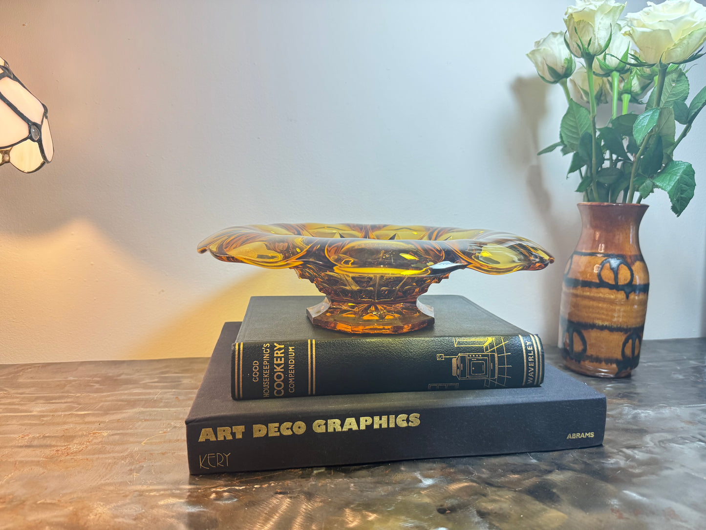 Large Art Deco Amber Depression Glass Bowl | Vintage Retro | Fruit Bowl