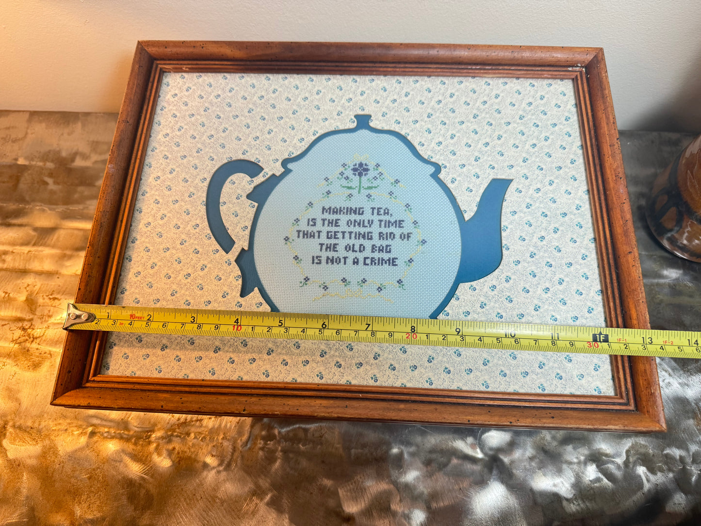 Framed Vintage Teapot Crosstitch tapestry “Morning tea is the only time that getting rid of the old bag is a crime”