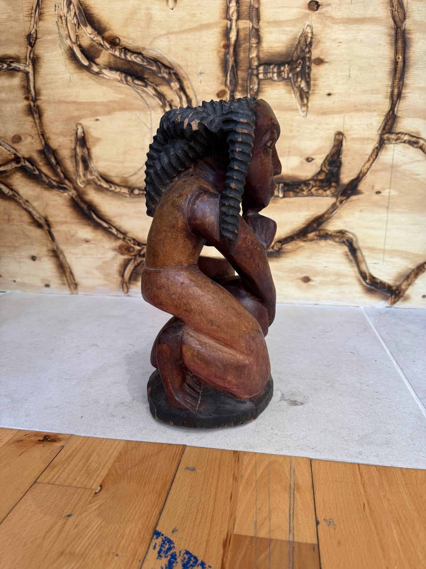 Hand Carved African Wooden Statue Sculpture of Sitting Man | Vintage Retro | Quirky Unique Decor |