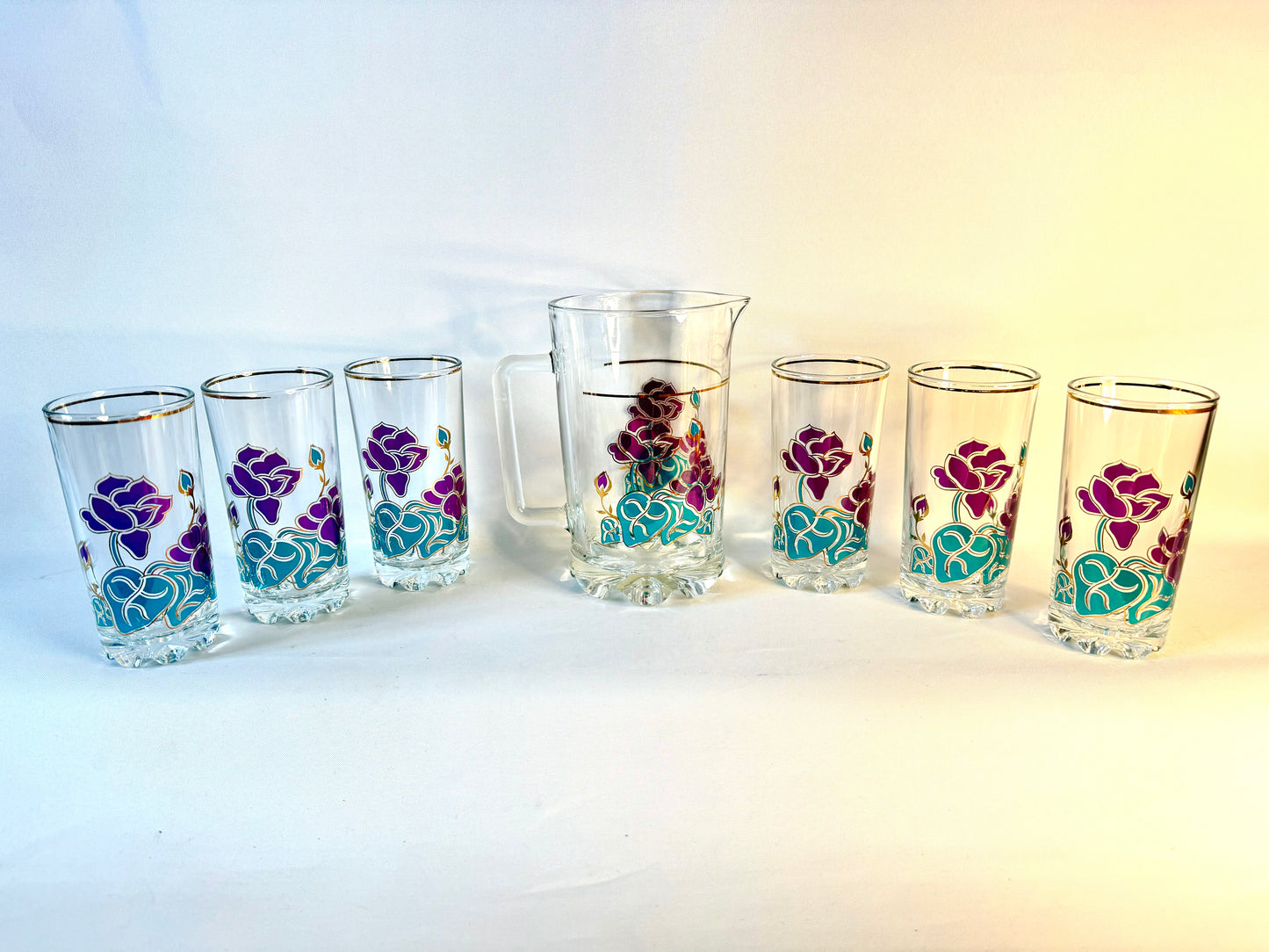 Italian Glass Pitcher and 6 Tumblers with Floral Pattern | Vintage Retro Barware | Prop Set Dressing