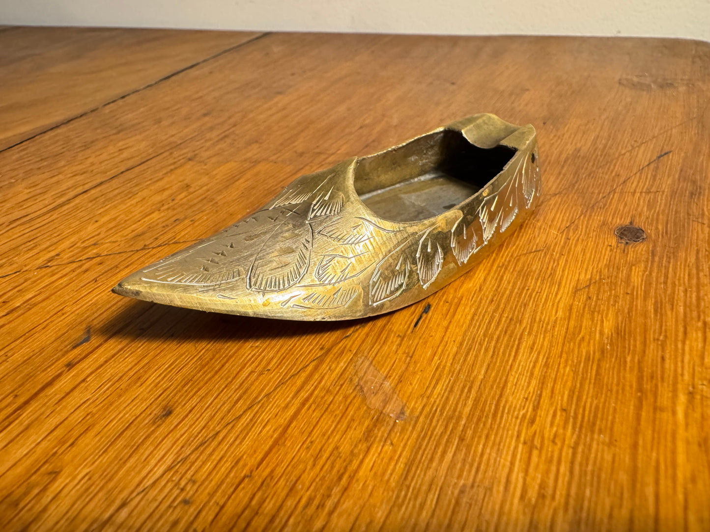 Small Brass Shoe/Slipper Miniature Ashtray | Vintage Retro Quirky | Hand Etched |