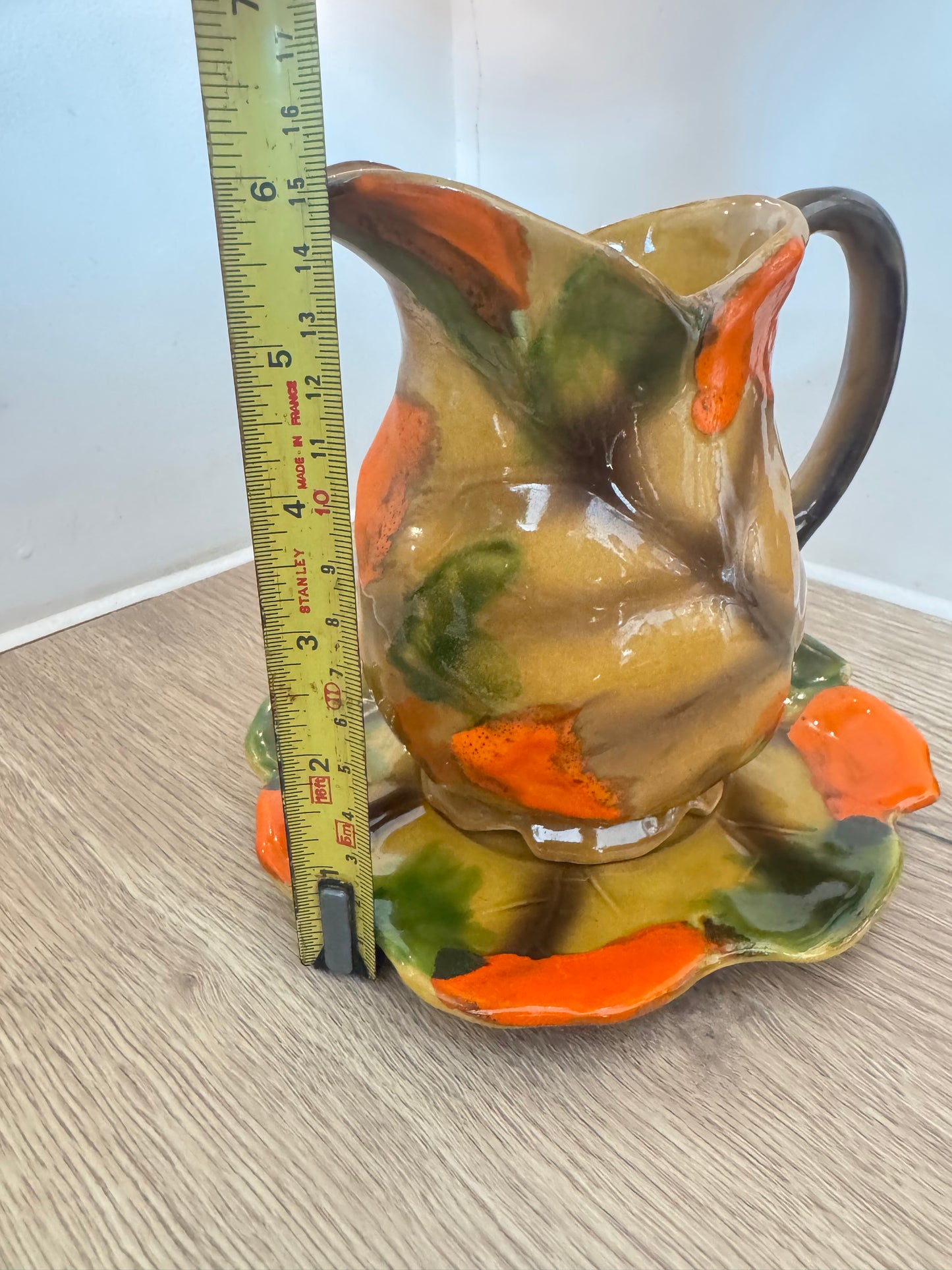 Autumn Leaves Ceramic Pitcher Jug with Saucer | Vintage Retro | Farmhouse Cottagecore |