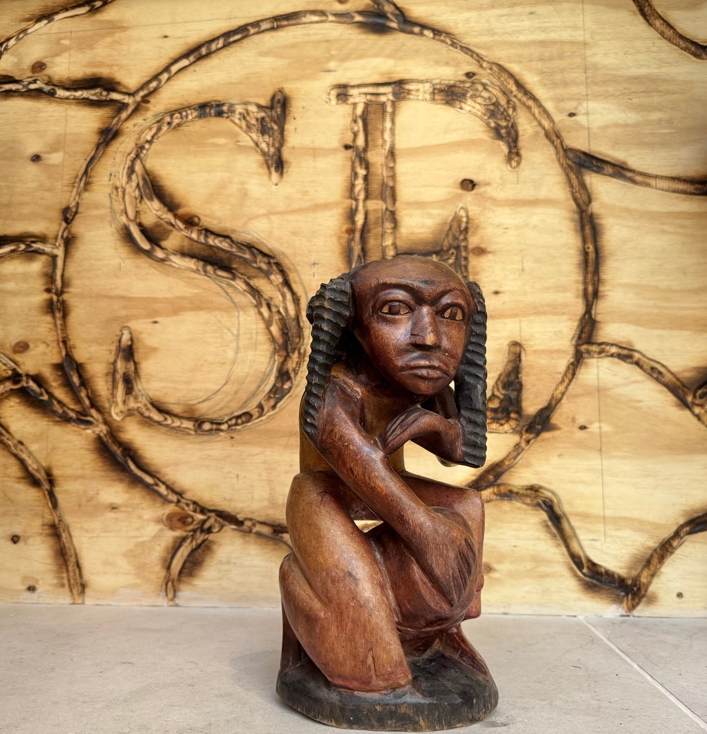 Hand Carved African Wooden Statue Sculpture of Sitting Man | Vintage Retro | Quirky Unique Decor |