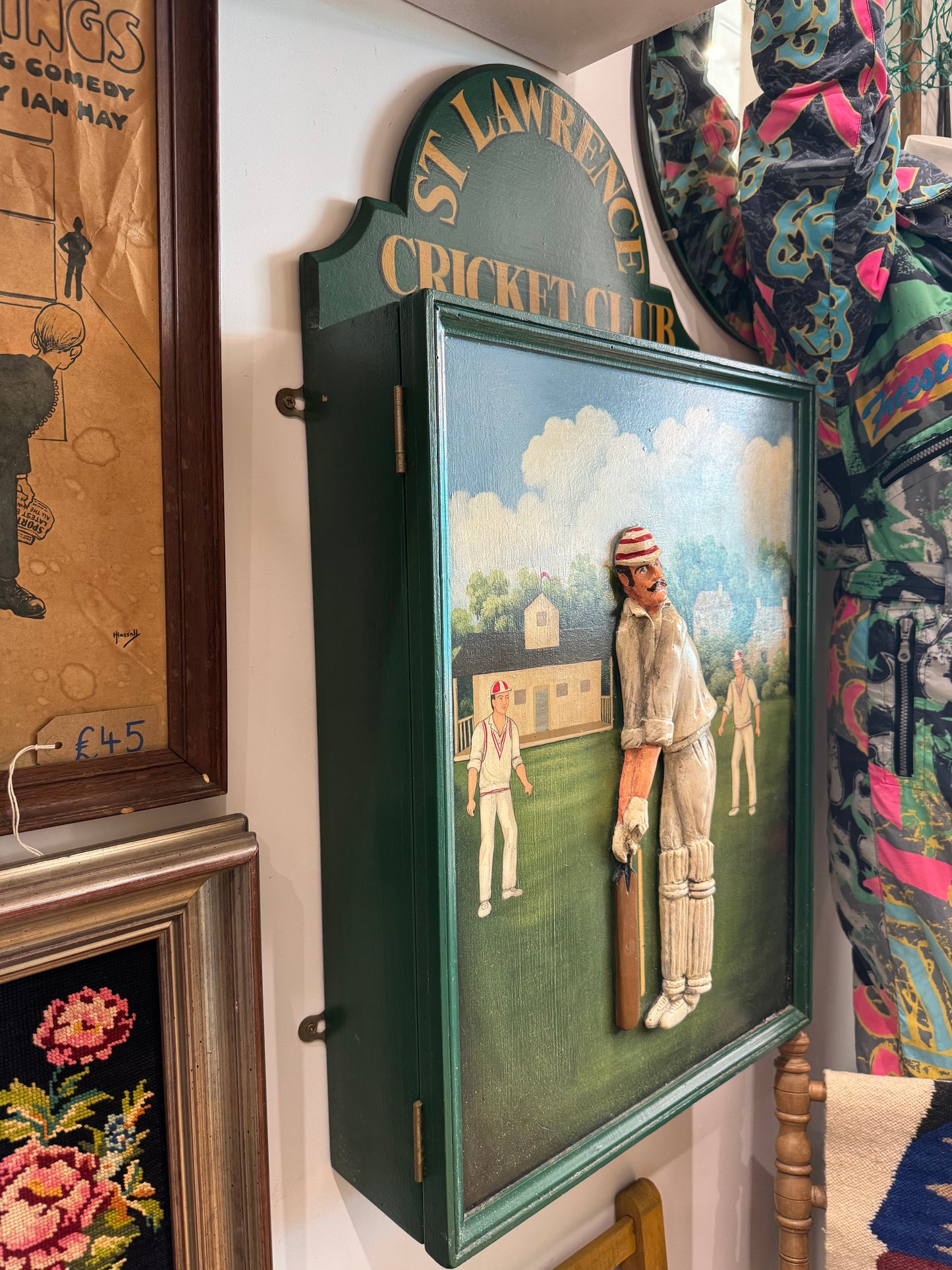 St Lawrence Cricket Club Wooden Wall Cabinet | Handcarved & Handpainted | Vintage Antique | British Cricket |