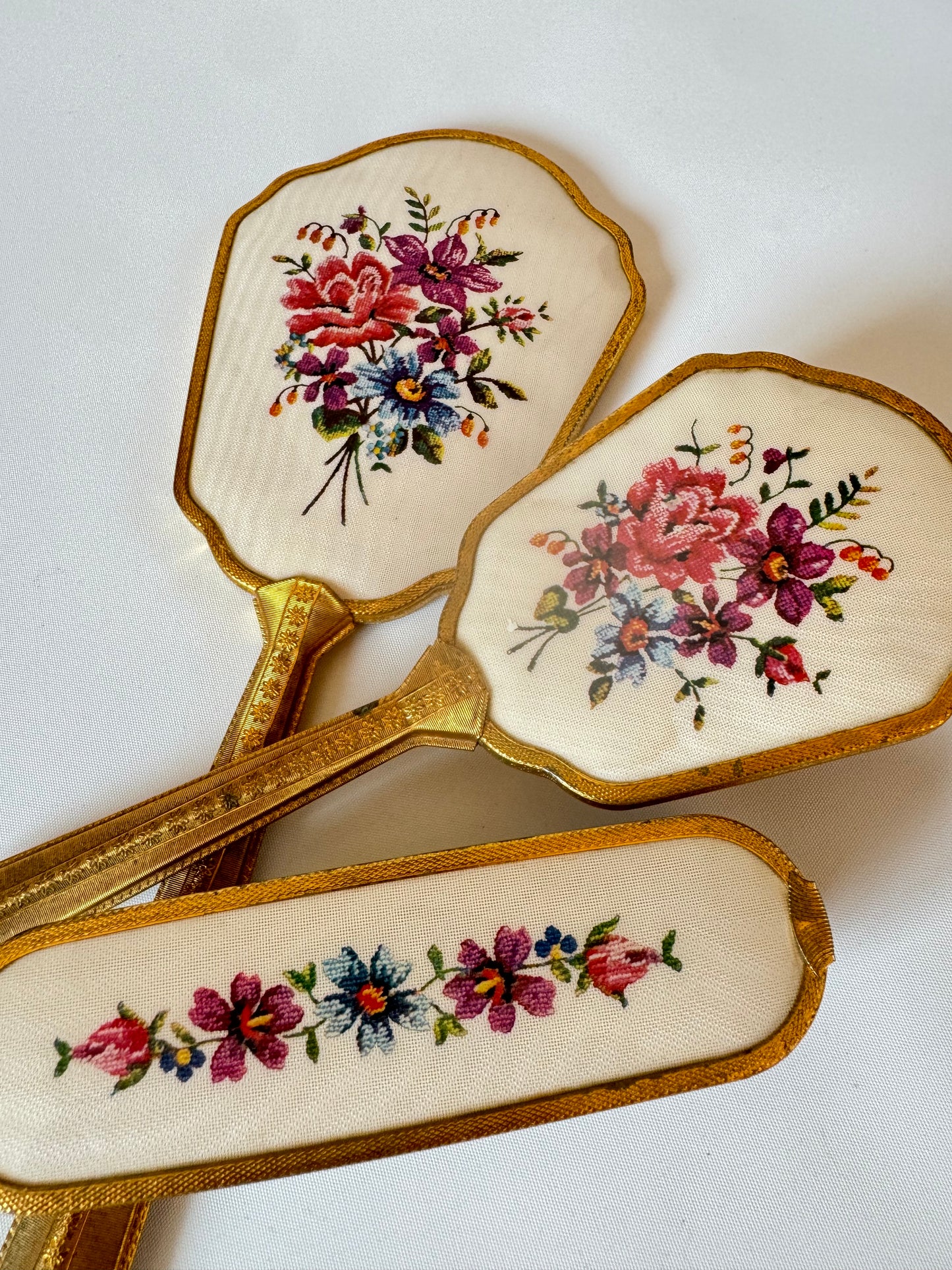 Victorian Style Travel Vanity Set | Hand Mirror, Hair Brush & Clothes Brush | Vintage Antique | Gold with Floral Embroidery | Prop Set Dressing |