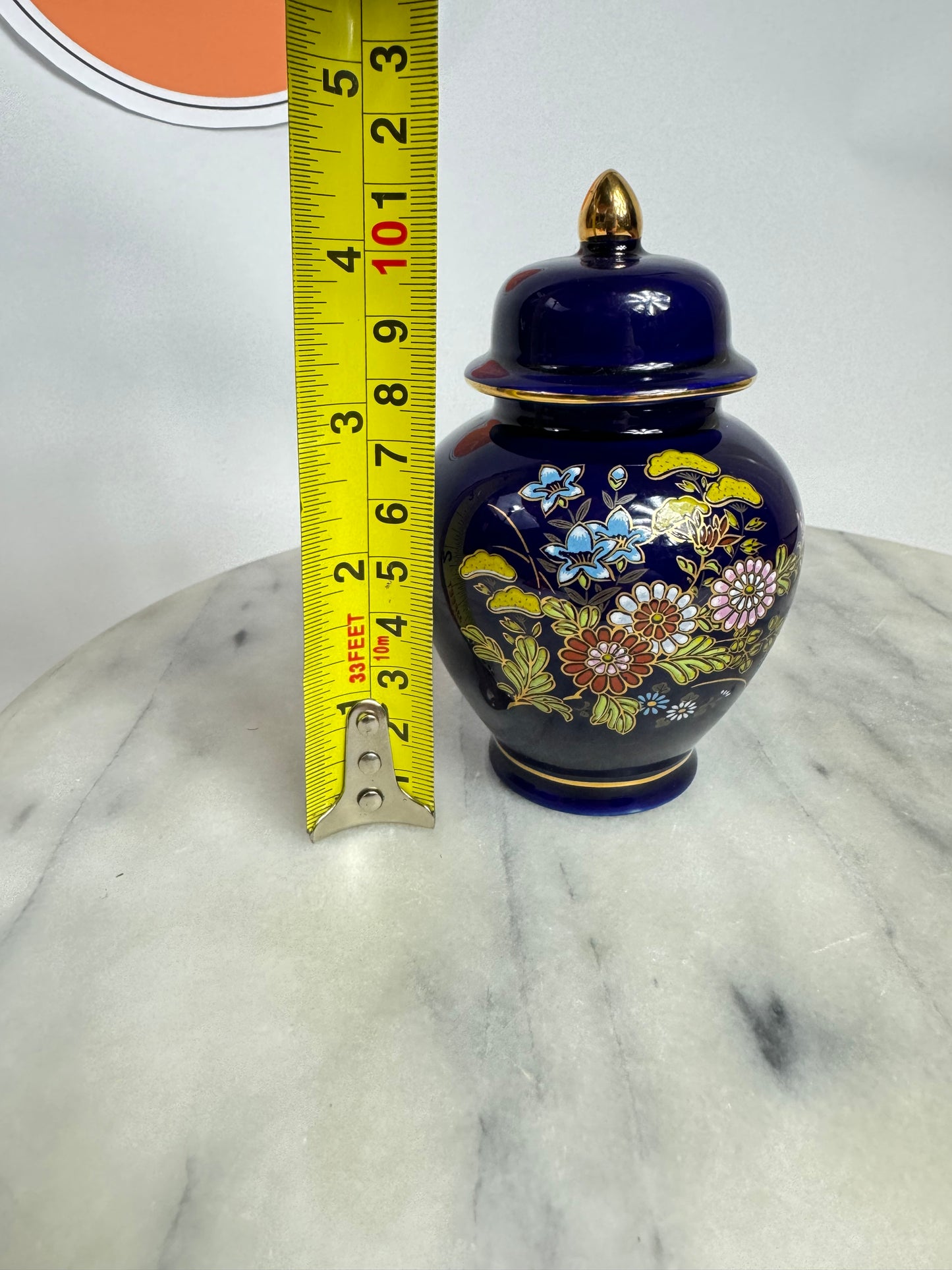 Miniature Japanese Ginger Jar Deep Blue with Gold Trim and Floral Detail Vintage