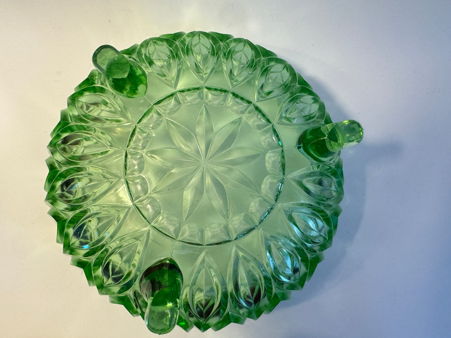 Green Cut Glass Large Bowl | Fruit Bowl | Art Deco | Footed Bowl | Vintage Retro |
