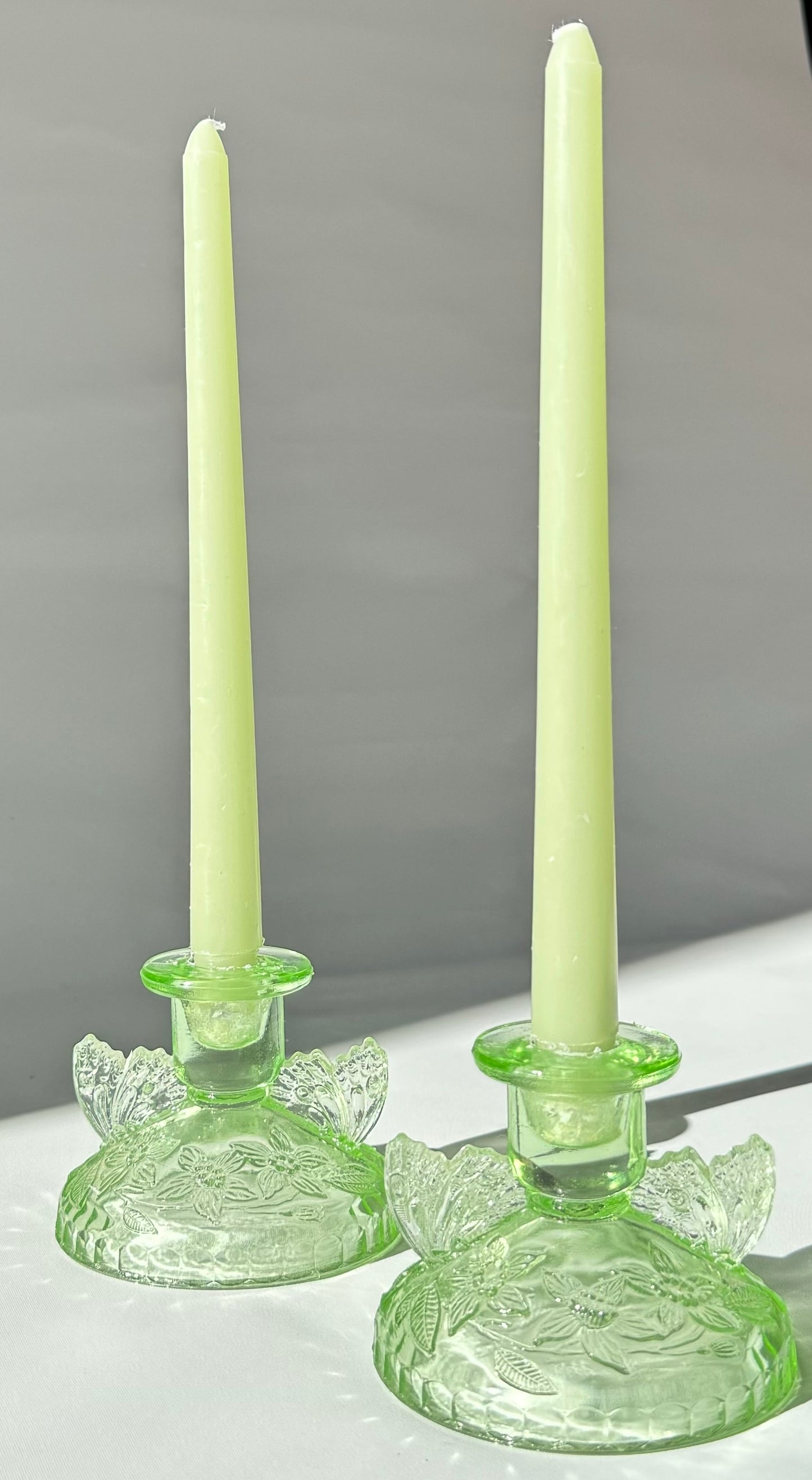 Sowerby 1930’s Green Cut Glass Art Deco Butterfly Candlestick Holders | Set of 2 | Vintage Retro | Angel Wings |