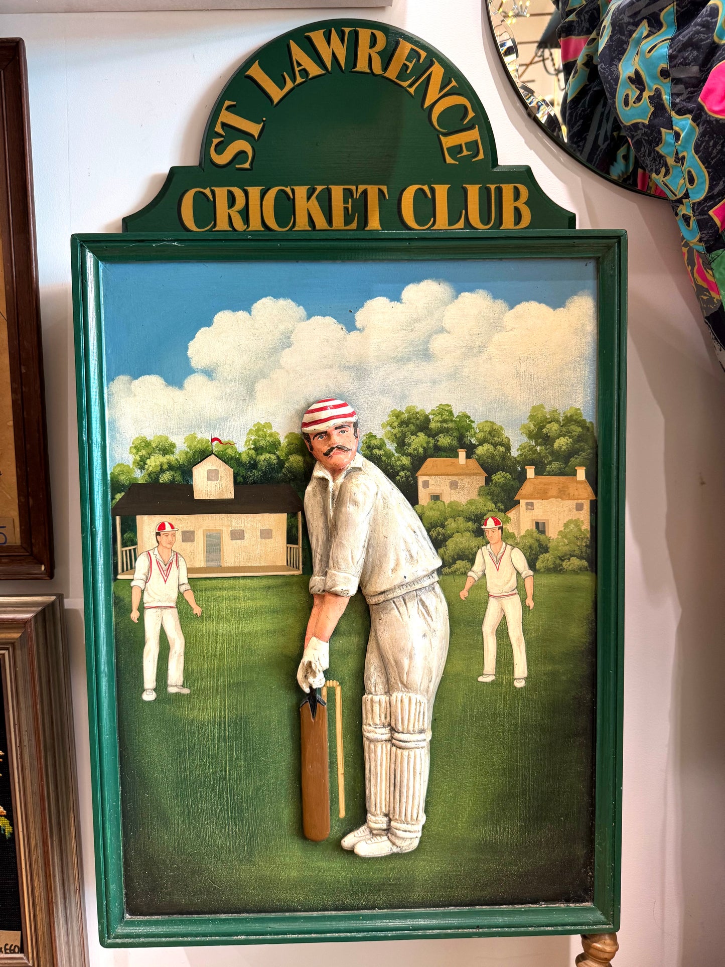 St Lawrence Cricket Club Wooden Wall Cabinet | Handcarved & Handpainted | Vintage Antique | British Cricket |