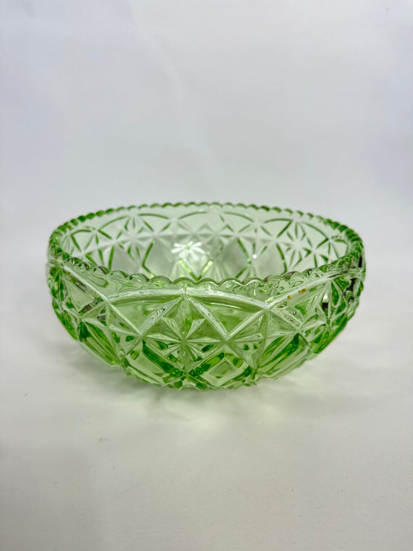 Green Cut Glass Decorative Bowl | Vintage Retro | Depression Glass | Fruit Bowl | Statement/Centrepiece Bowl