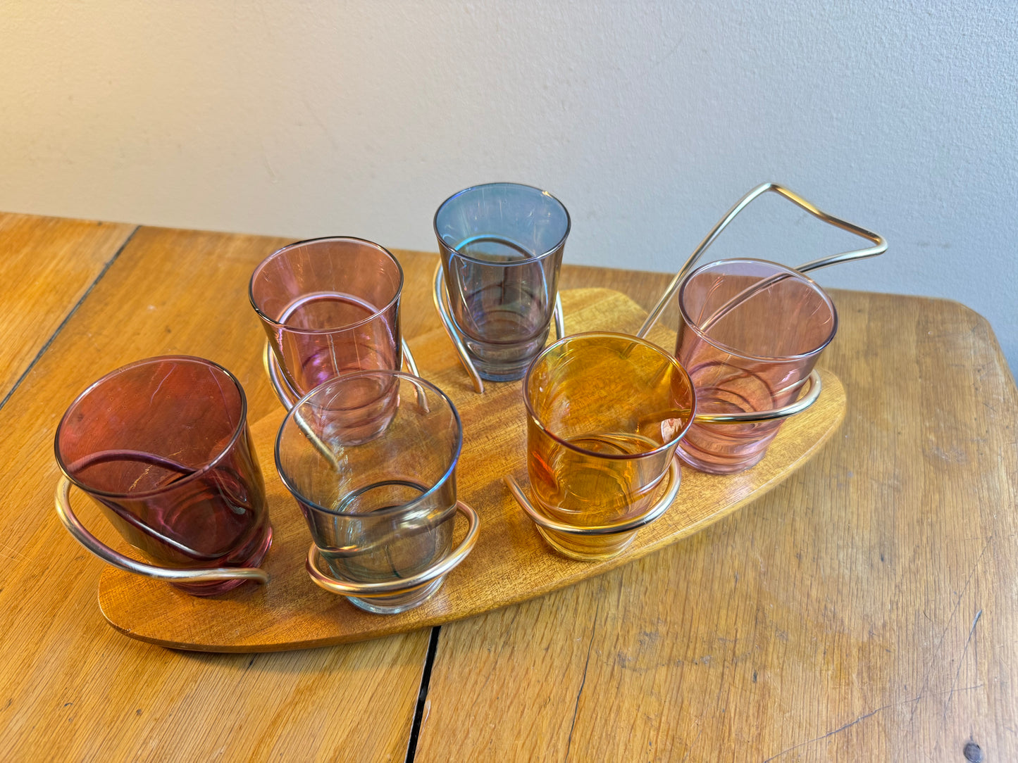 Set of Six Coloured Shot Glasses and a Wooden Serving Tray Stand Wyncraft | 1960s | Made in England | Vintage Retro |