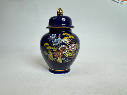 Miniature Japanese Ginger Jar Deep Blue with Gold Trim and Floral Detail Vintage