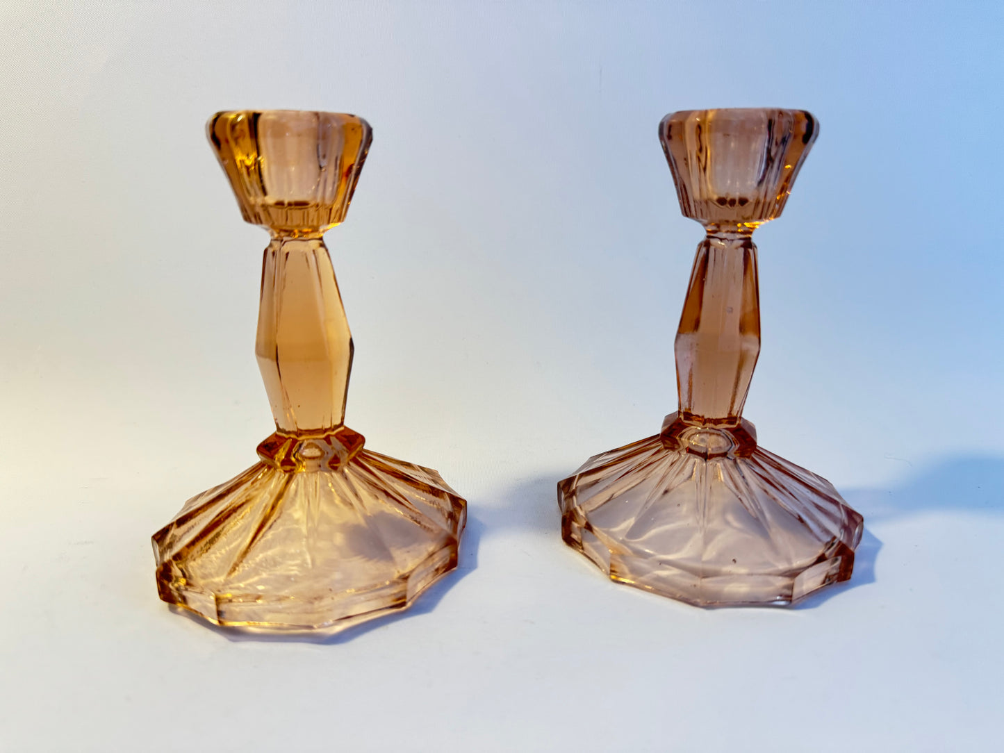 Pink Thick Cut Glass Candlestick Holders | Vintage Retro Homeware |