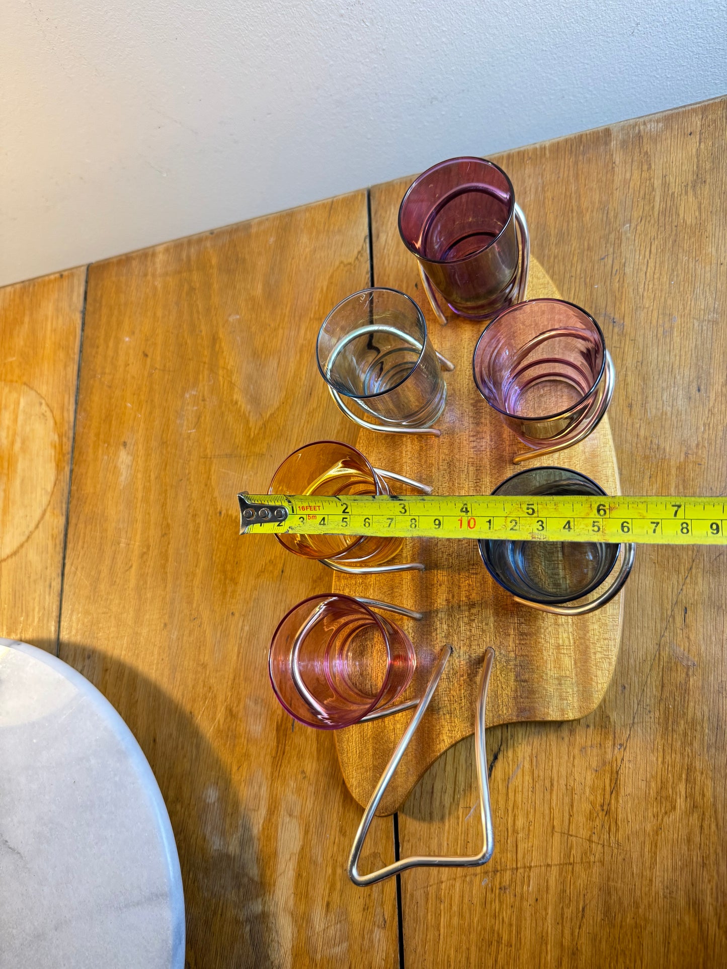 Set of Six Coloured Shot Glasses and a Wooden Serving Tray Stand Wyncraft | 1960s | Made in England | Vintage Retro |