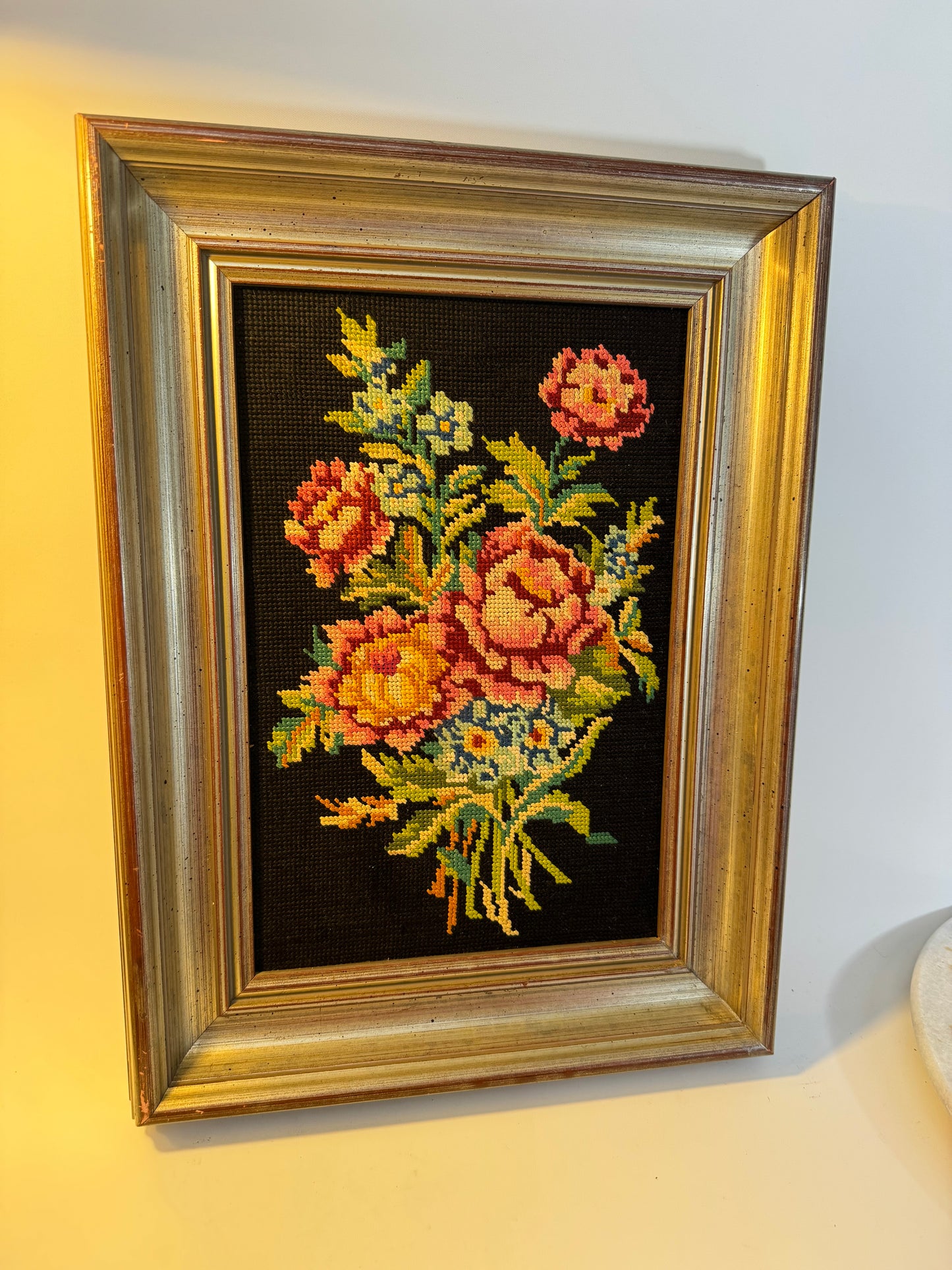 Vibrant Floral Needlepoint in Wooden Frame | Peonies | Wildflowers | Vintage Retro Decor |
