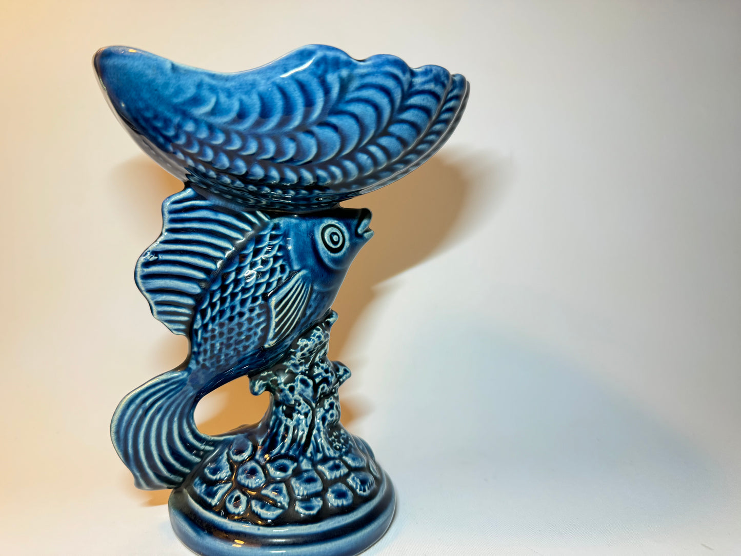 Devonway Pottery Deep Blue Fish Dish Bowl | Pedestal Bowl | Vintage Retro | Quirky Unique |