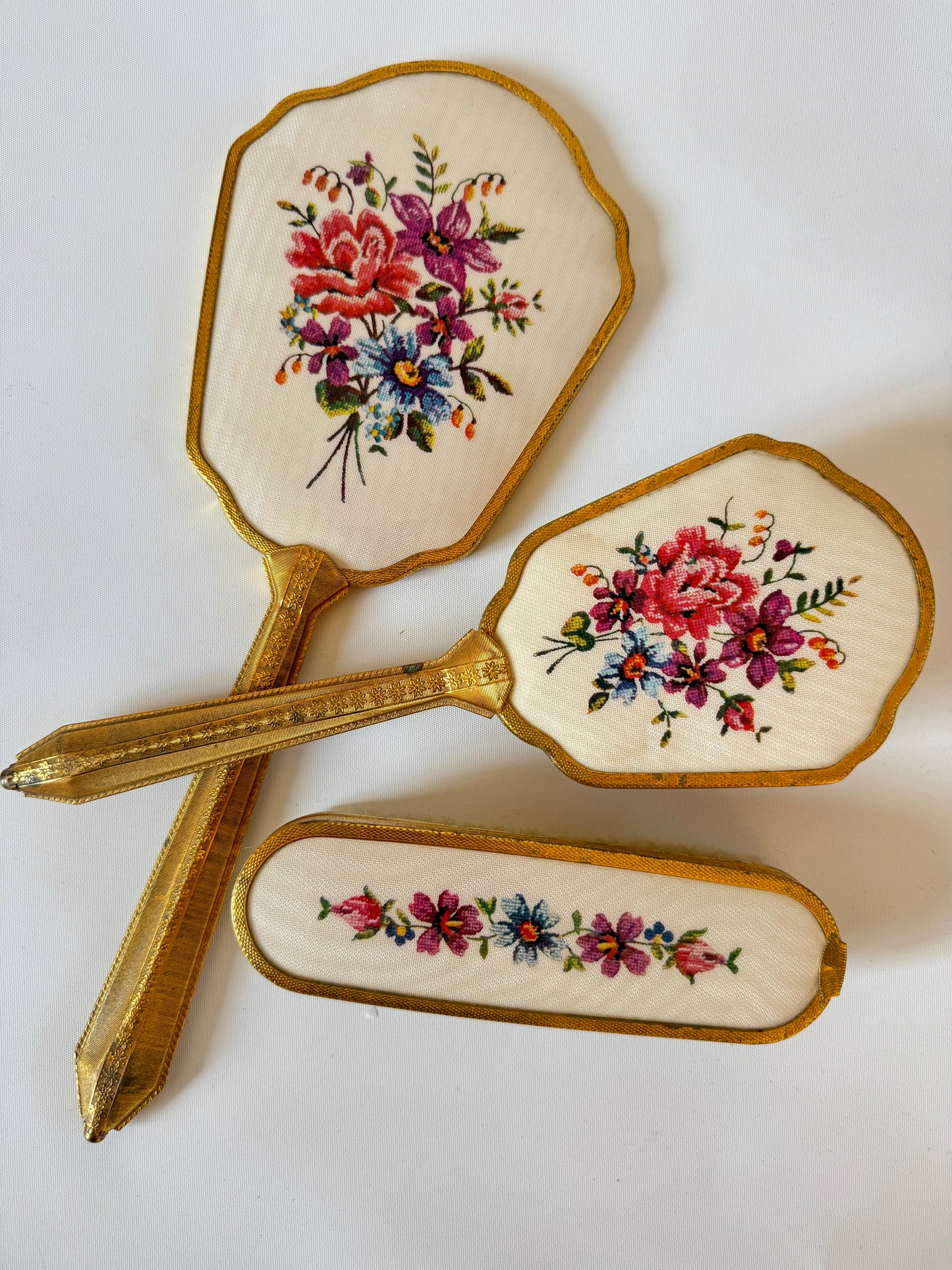 Victorian Style Travel Vanity Set | Hand Mirror, Hair Brush & Clothes Brush | Vintage Antique | Gold with Floral Embroidery | Prop Set Dressing |