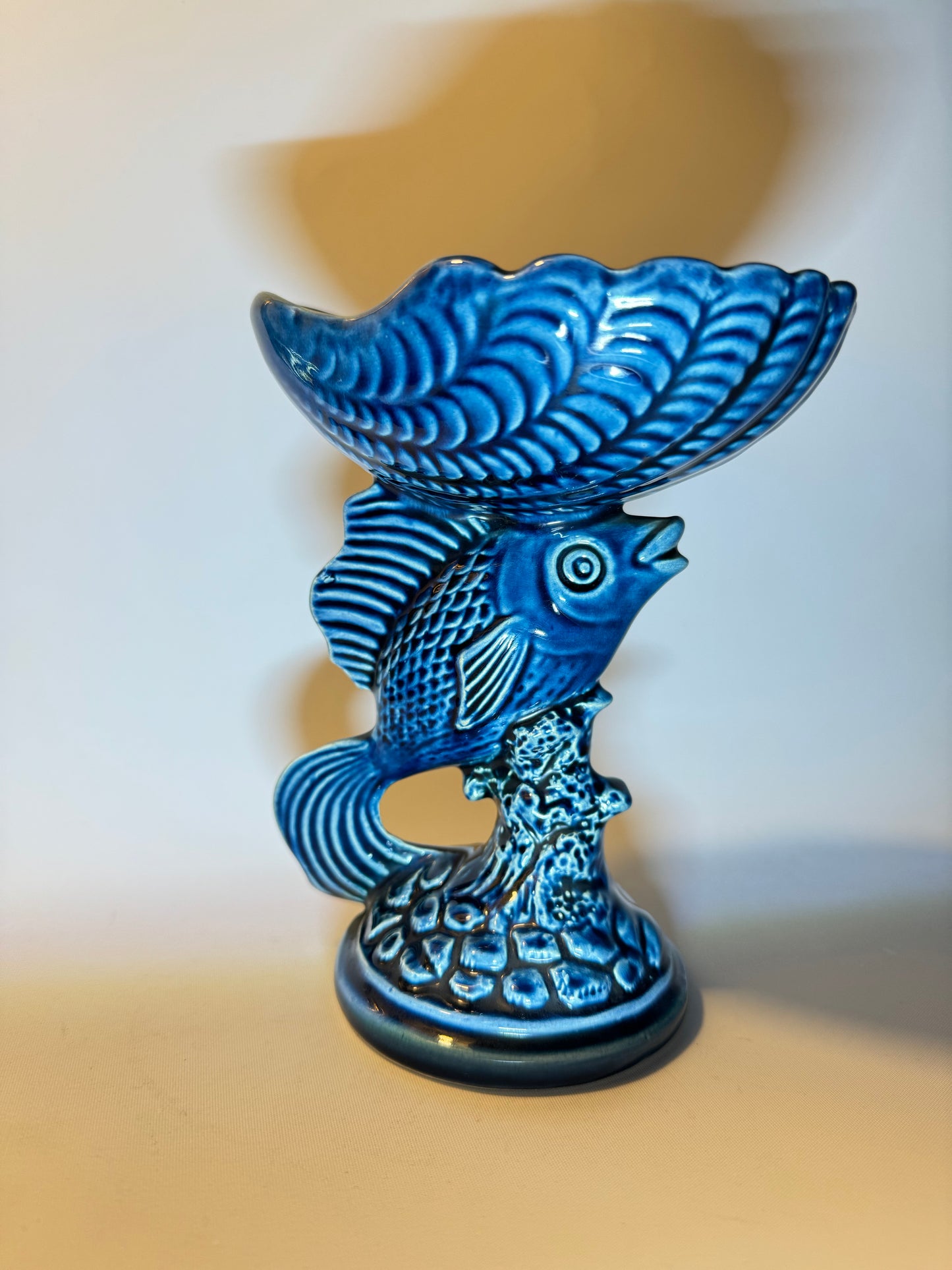 Devonway Pottery Deep Blue Fish Dish Bowl | Pedestal Bowl | Vintage Retro | Quirky Unique |