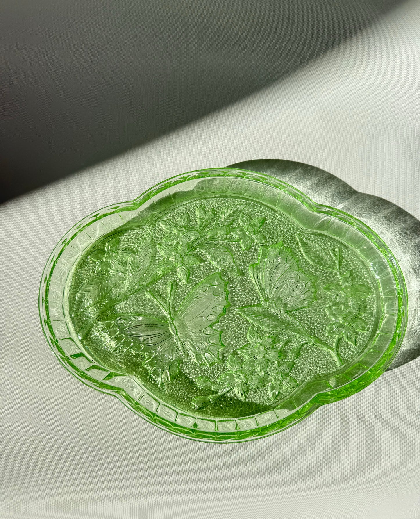 Sowerby 1930’s Green Cut Glass Vanity Tray | Butterfly Floral Pattern | Dressing Table | Retro Unique |