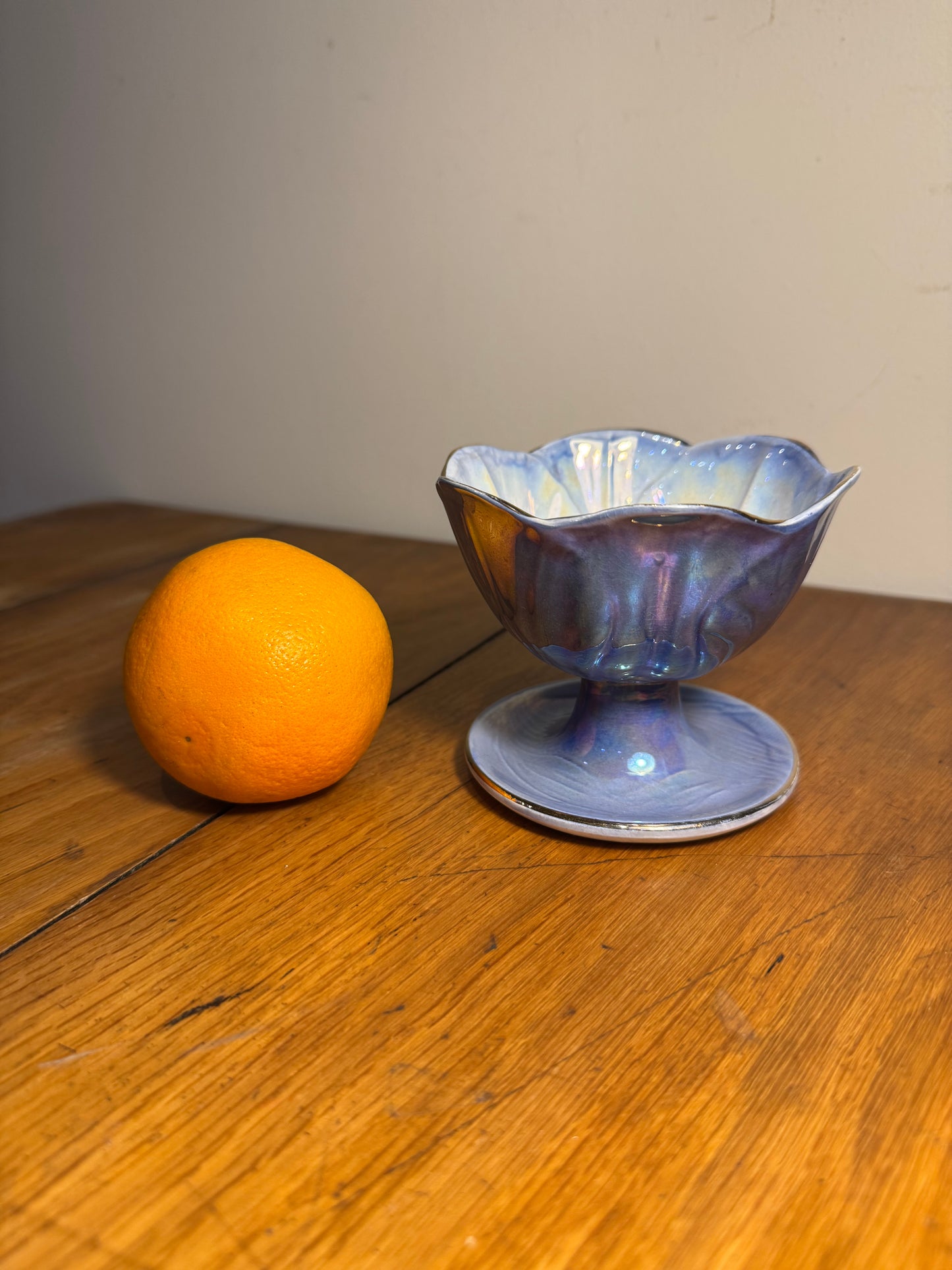Lustre Maling Harlequin Flower Sundae Dish Blue/Purple Iridescent | Vintage Retro | Trinket Dish |