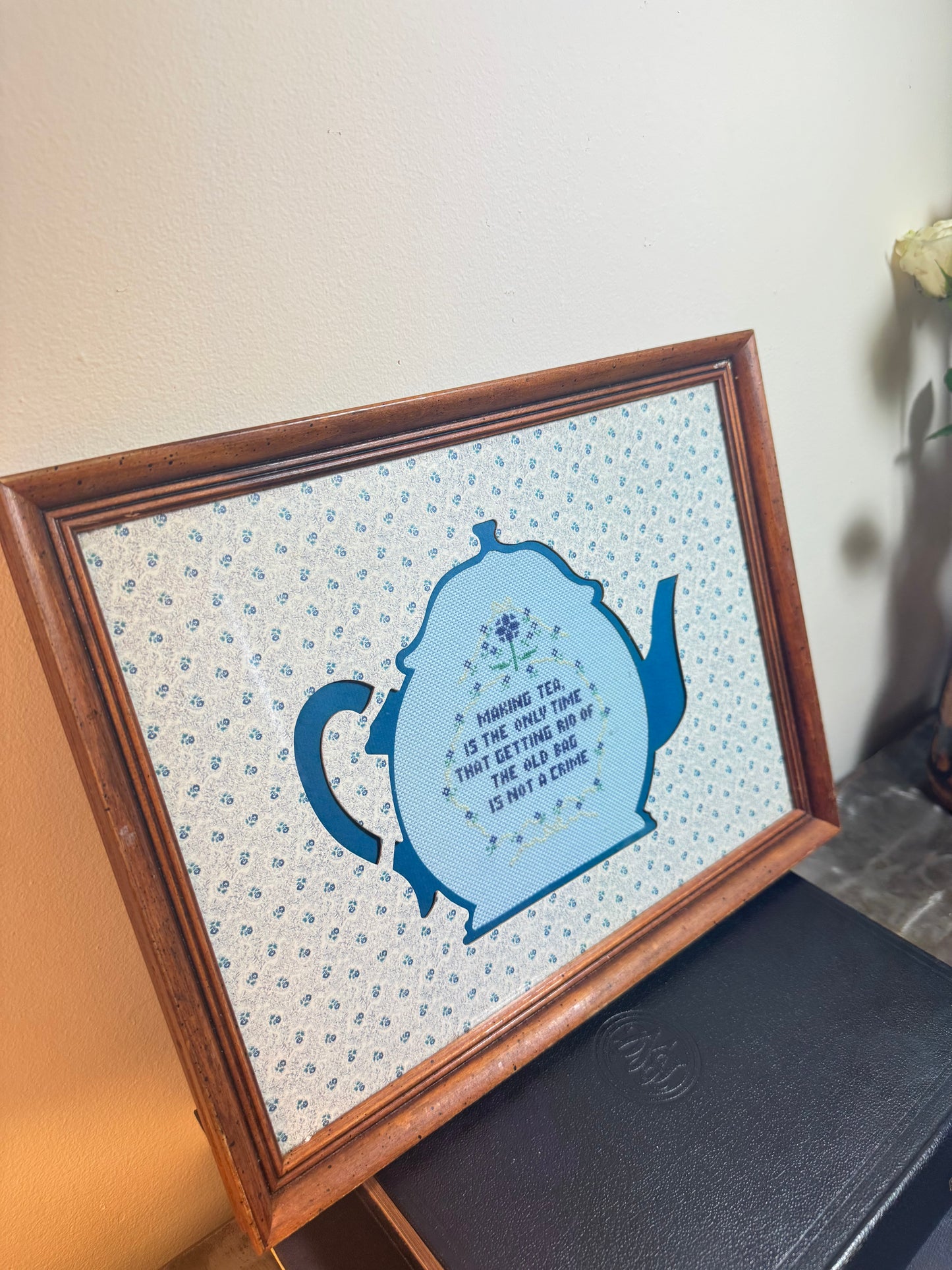 Framed Vintage Teapot Crosstitch tapestry “Morning tea is the only time that getting rid of the old bag is a crime”