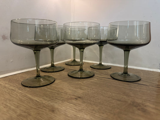 Set of 6 Smoked Cocktail Coupe Glasses | Vintage Retro Barware |