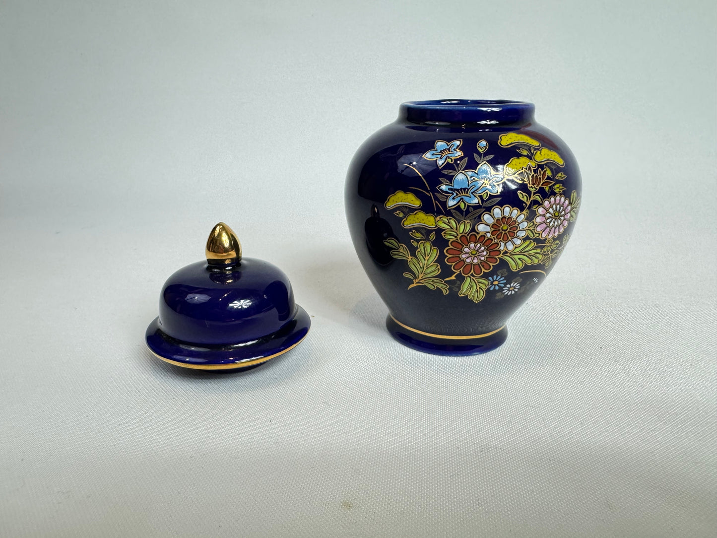 Miniature Japanese Ginger Jar Deep Blue with Gold Trim and Floral Detail Vintage