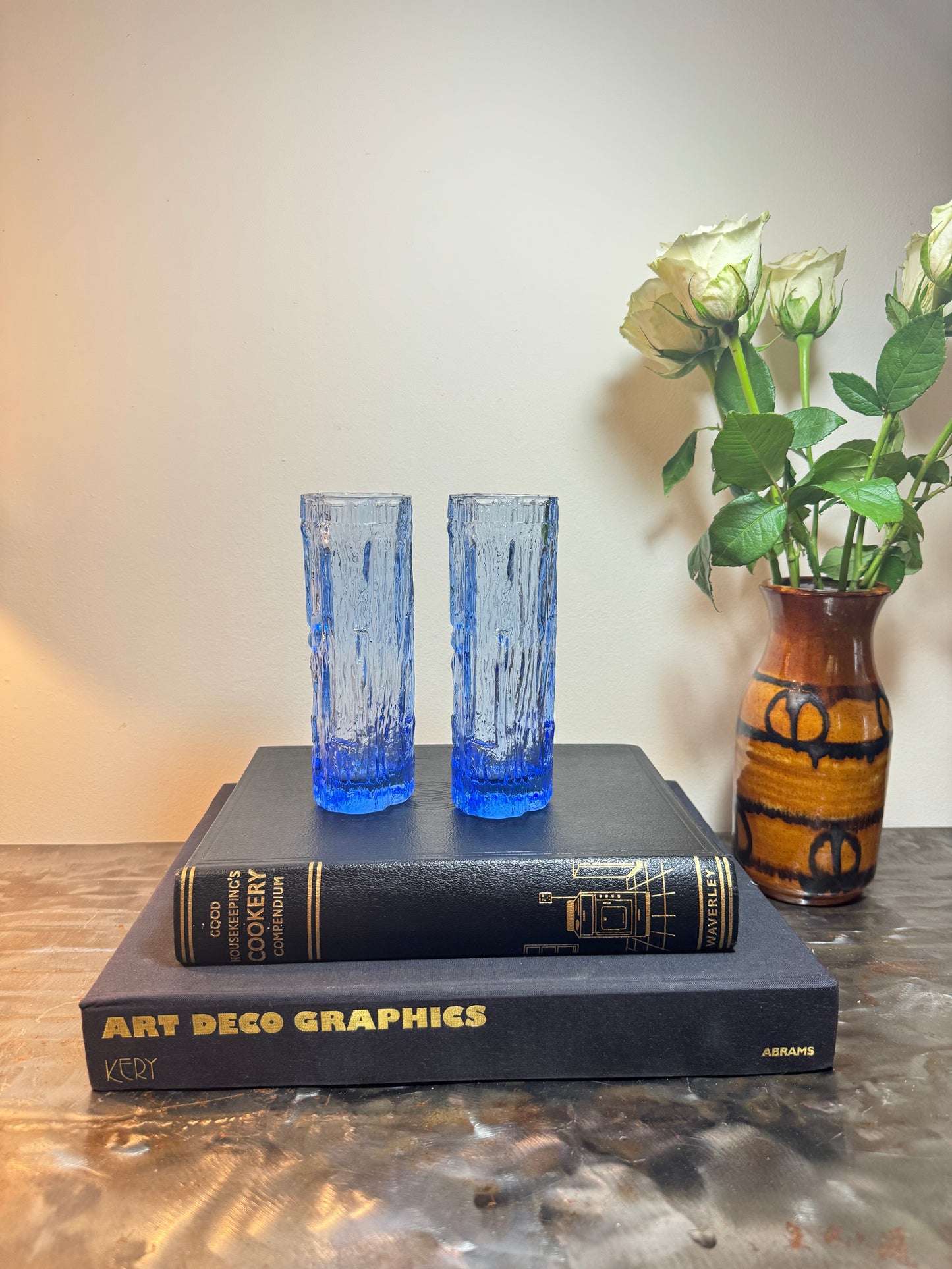 Ravenhead Vintage Blue Vases | Art Glass | Ravenhead Bark Textured Glass | Retro Mid Century | 70s | Pair |