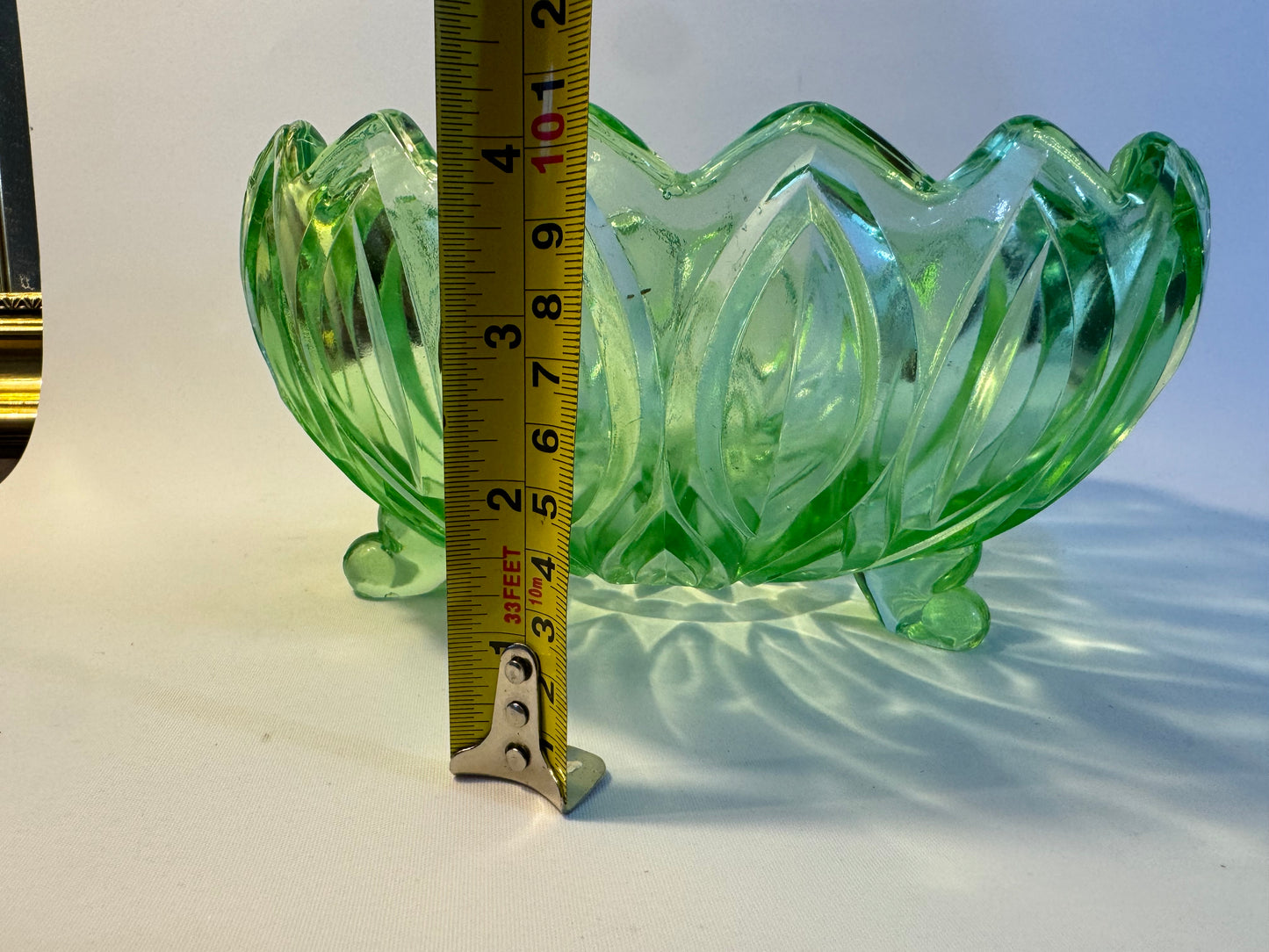 Green Cut Glass Large Bowl | Fruit Bowl | Art Deco | Footed Bowl | Vintage Retro |