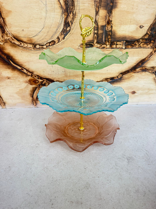 3-Tier Mismatched Coloured Glass Cake Stand with Gold Leaf Handle | Afternoon Tea Dinner Party | Kitsch Quirky | Vintage Retro |