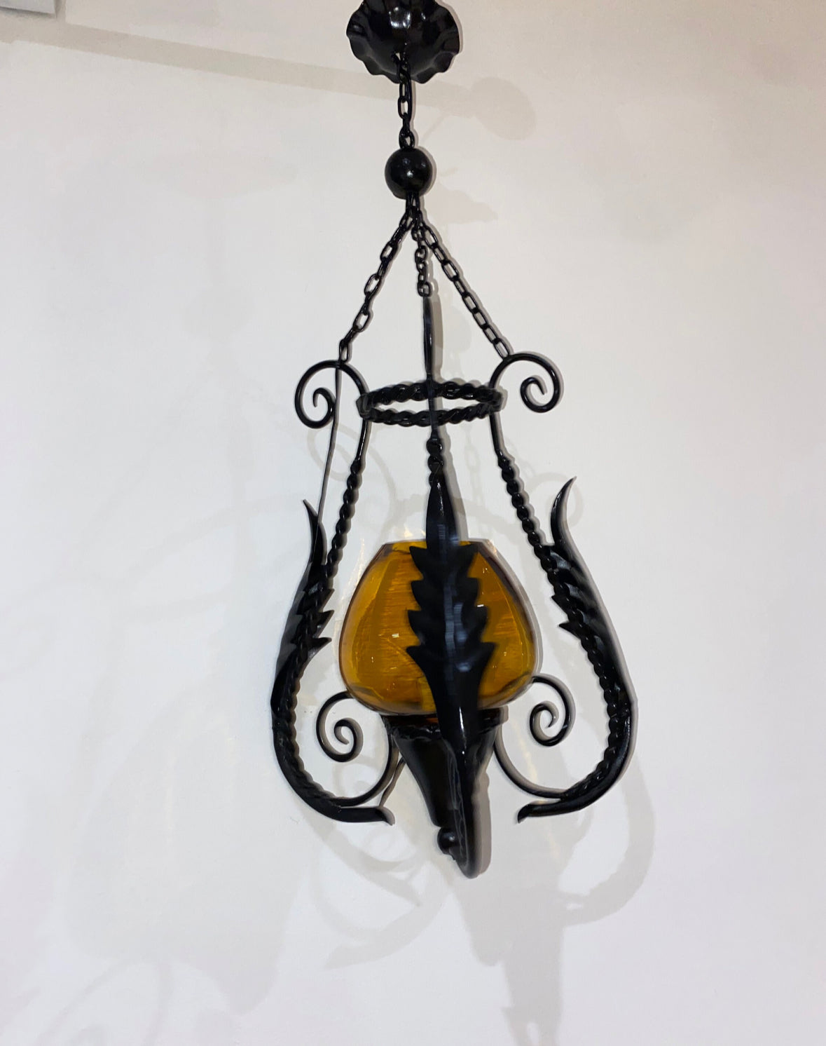 Antique Italian Hand Blown Venetian Amber Glass & Black Wrought Iron Ceiling Pendant Light | Gothic | Spanish | Medieval | Vintage Lantern