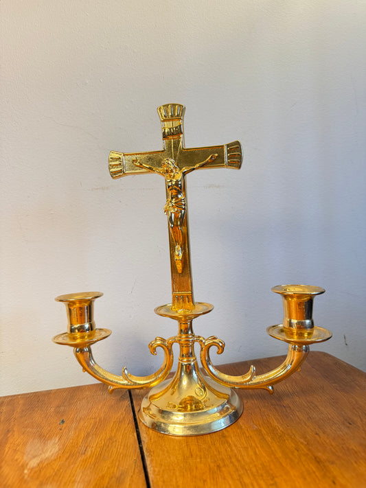 Gold Altar Candelabrum | Religious Crucifix Double Candelabra | Home Decor |