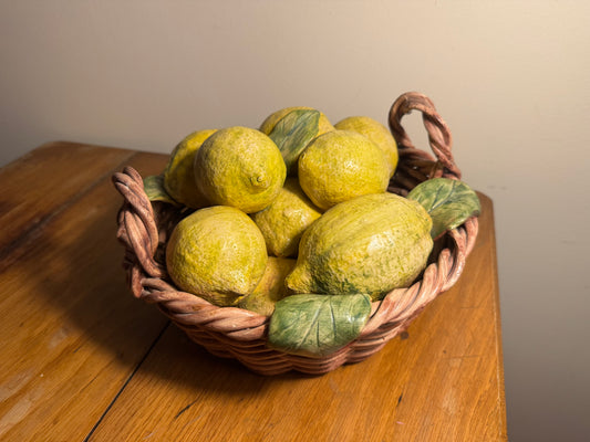 Ceramic Lemon Basket Handmade Portugal Signed Alcobaca Lifesize | Vintage Retro Decor |