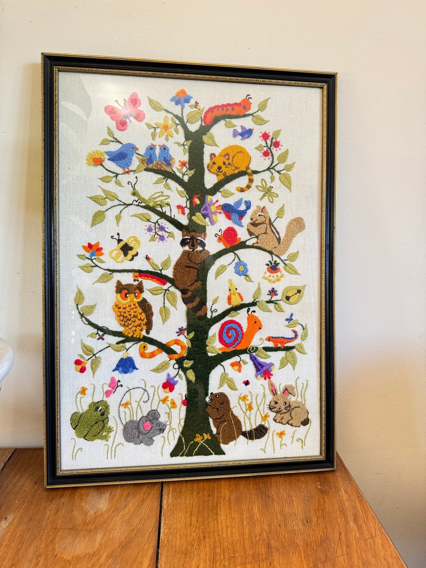 Vintage Dimensions Tree of Life Crewel by Ellen Silver 1981 | Completed Framed | Animals and Tree | Retro | Folk Art | Quirky Unique Kitsch |