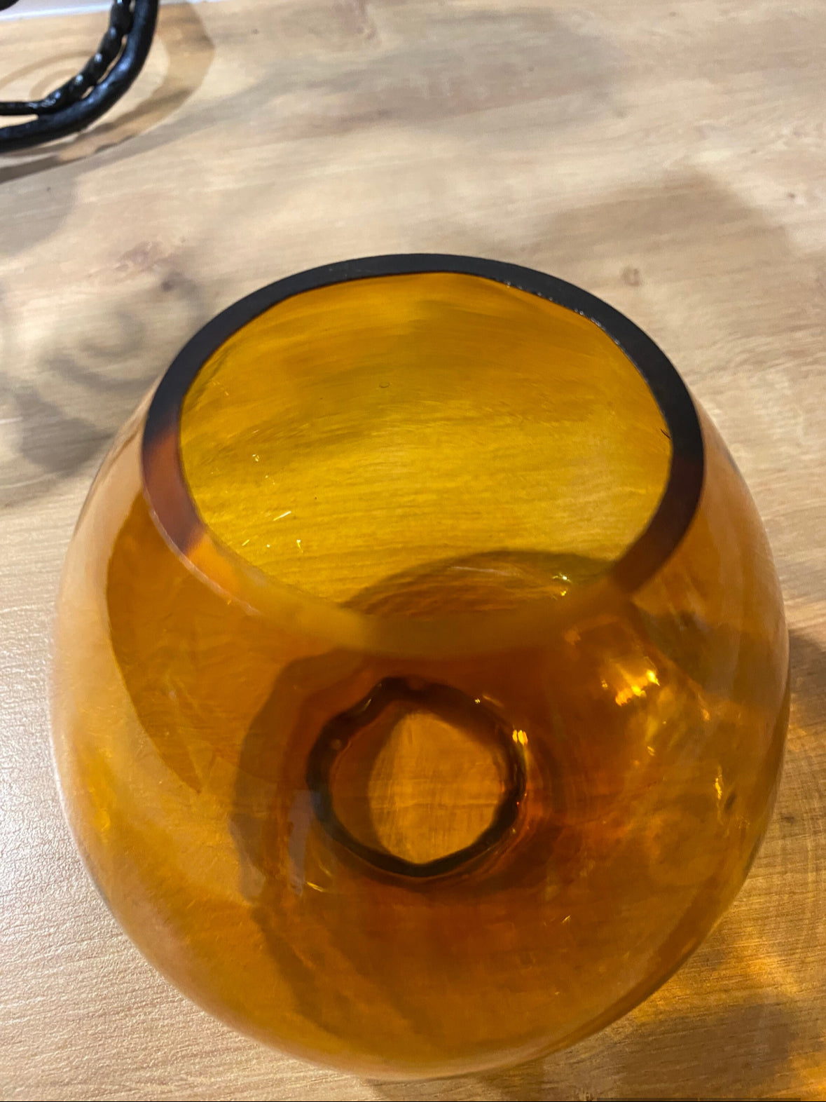 Antique Italian Hand Blown Venetian Amber Glass & Black Wrought Iron Ceiling Pendant Light | Gothic | Spanish | Medieval | Vintage Lantern