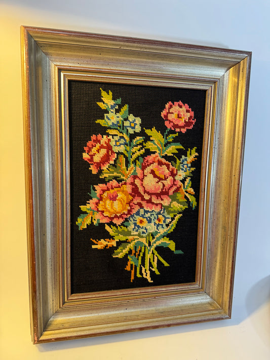 Vibrant Floral Needlepoint in Wooden Frame | Peonies | Wildflowers | Vintage Retro Decor |